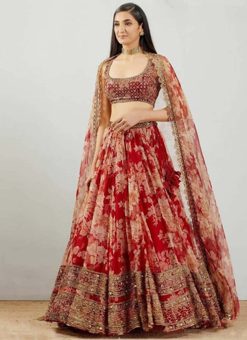 Red Floral Printed Embroidered Organza Lehenga Choli